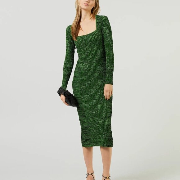 Ganni Melange Dress Midi Green Knit Long Sleeve Bodycon XS - Picture 2 of 11